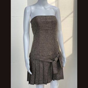 RED Valentino Brown Tweed Strapless Drop Waist Dress Pleated Skirt Sz 44 US 8